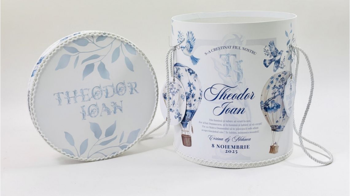 Trusou botez baietel Hot Air Balloon Blue Toile cu baloane de aer cald design elegant 31